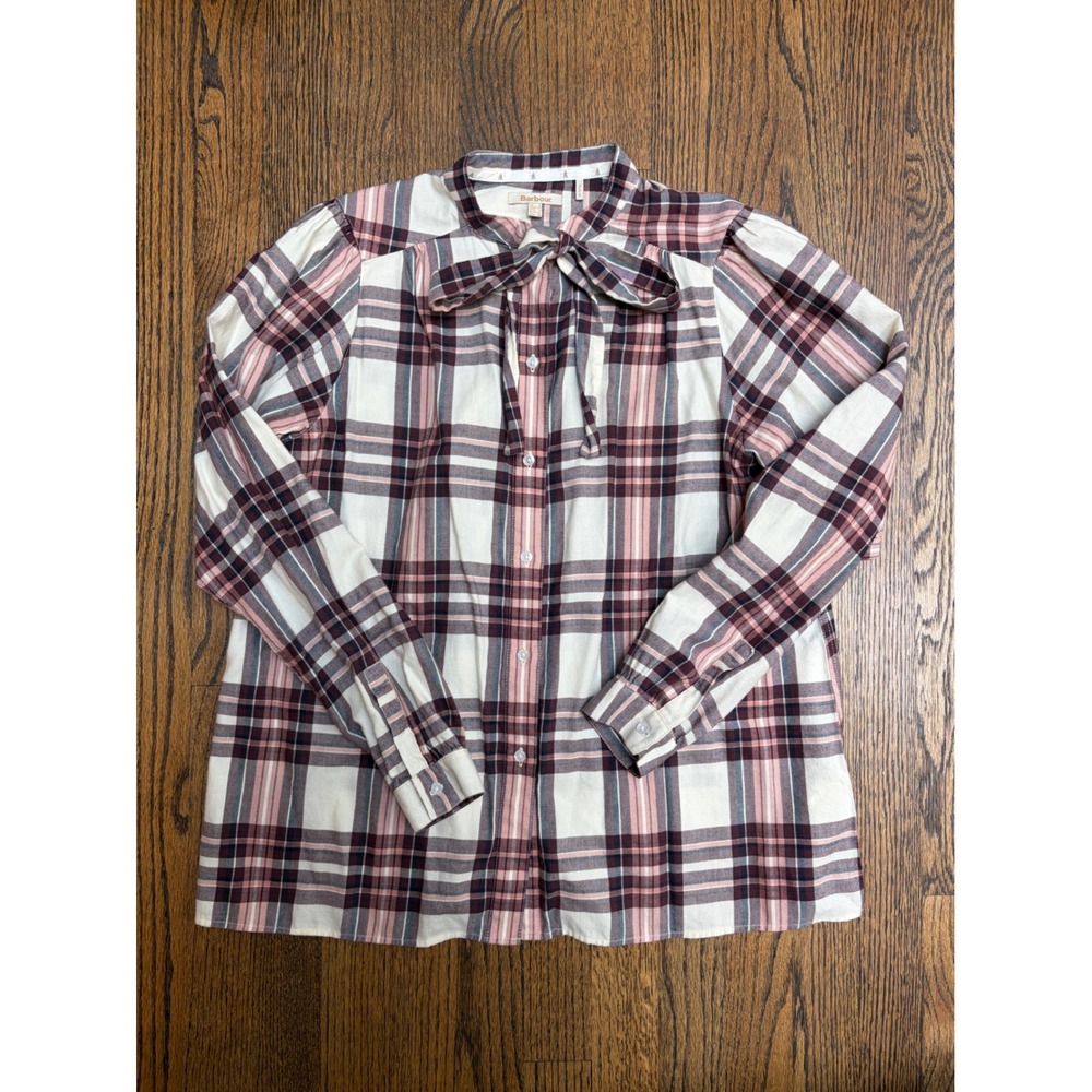 Barbour Millcross Shirt Women 4 Pink Plaid Tie Neck Cotton Lyocell Rustic H